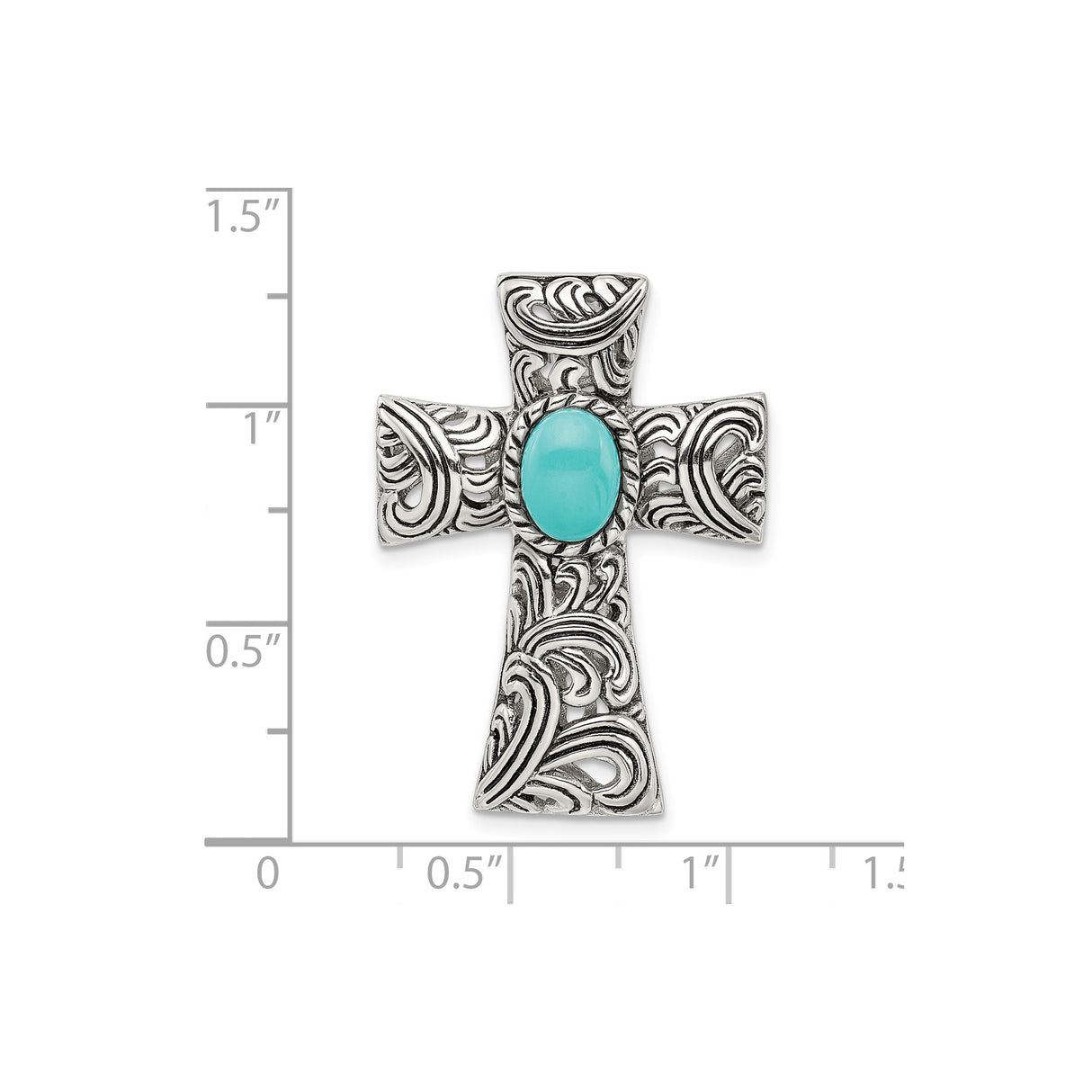 Sterling Silver Cross Pendant with Oval Turquoise, Scrollwork Design, Southwestern Style