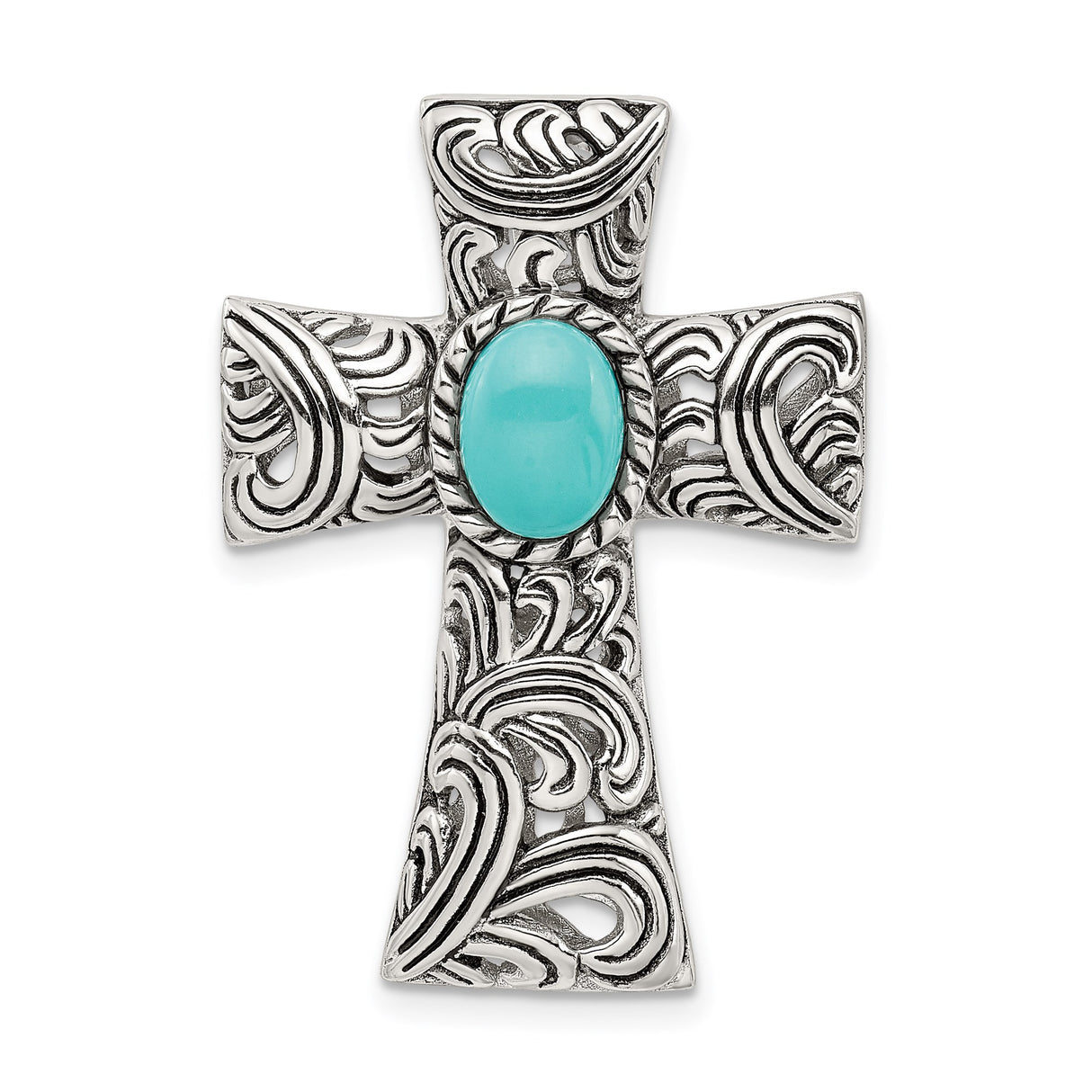 Sterling Silver Cross Pendant with Oval Turquoise, Scrollwork Design, Southwestern Style