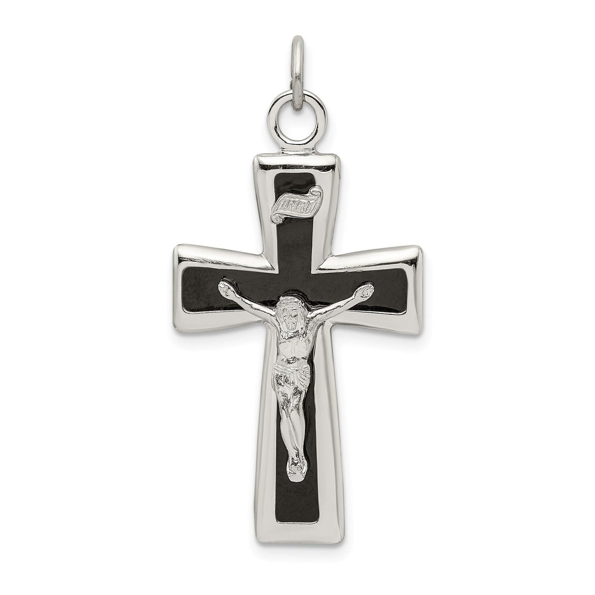 Sterling Silver Crucifix Pendant with Black Epoxy INRI Cross and High Relief Jesus