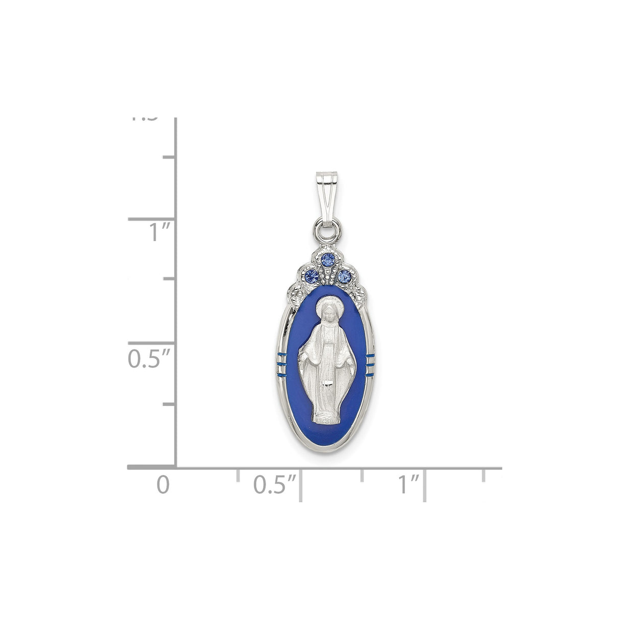 Sterling Silver Virgin Mary Pendant with Blue Enamel and Sapphire Accents, Oval Catholic Medal