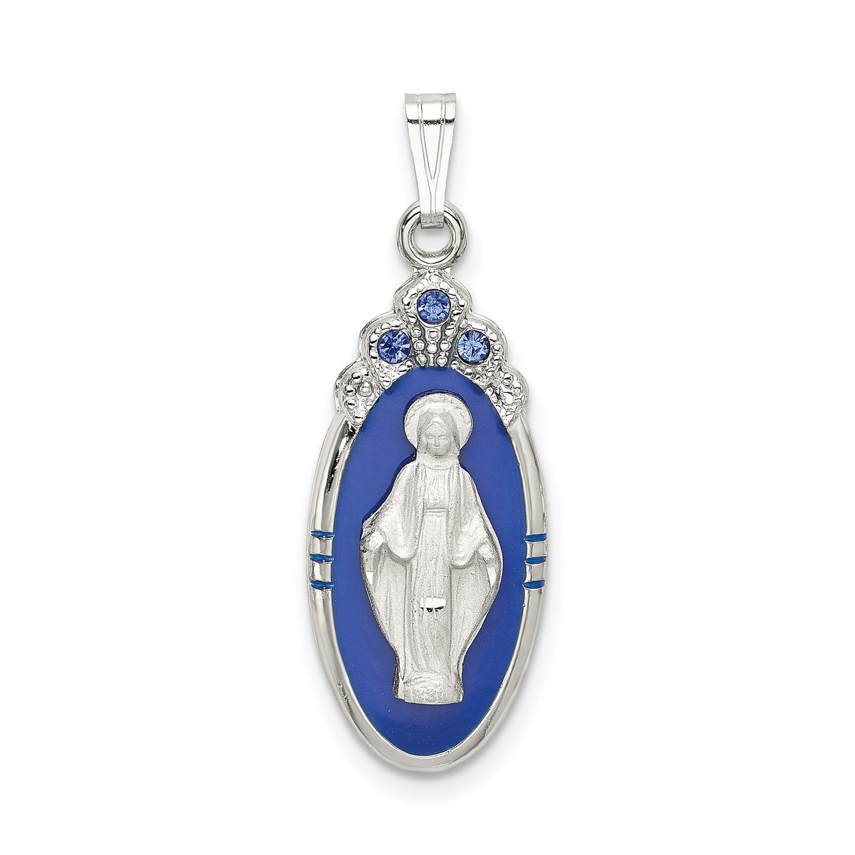 Sterling Silver Virgin Mary Pendant with Blue Enamel and Sapphire Accents, Oval Catholic Medal