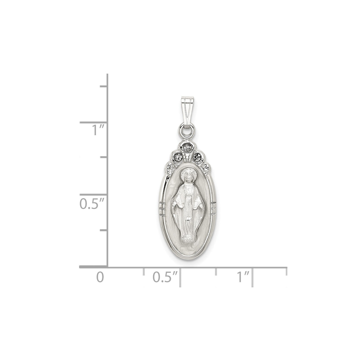 Sterling Silver Virgin Mary Oval Pendant with Halo and Clear Crystal Accents