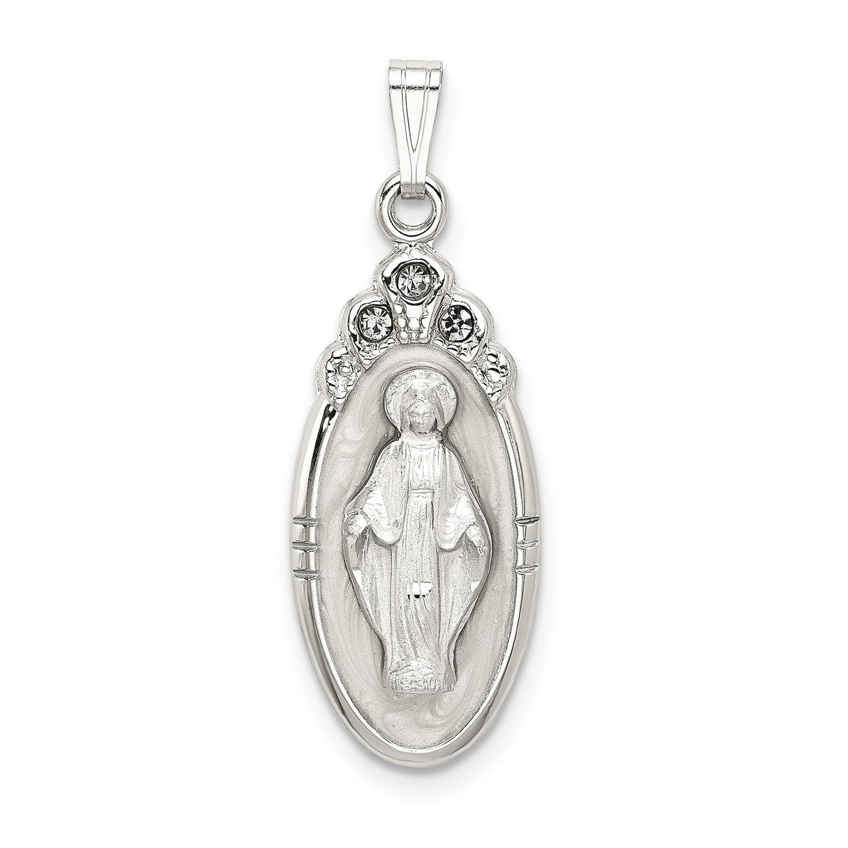 Sterling Silver Virgin Mary Oval Pendant with Halo and Clear Crystal Accents