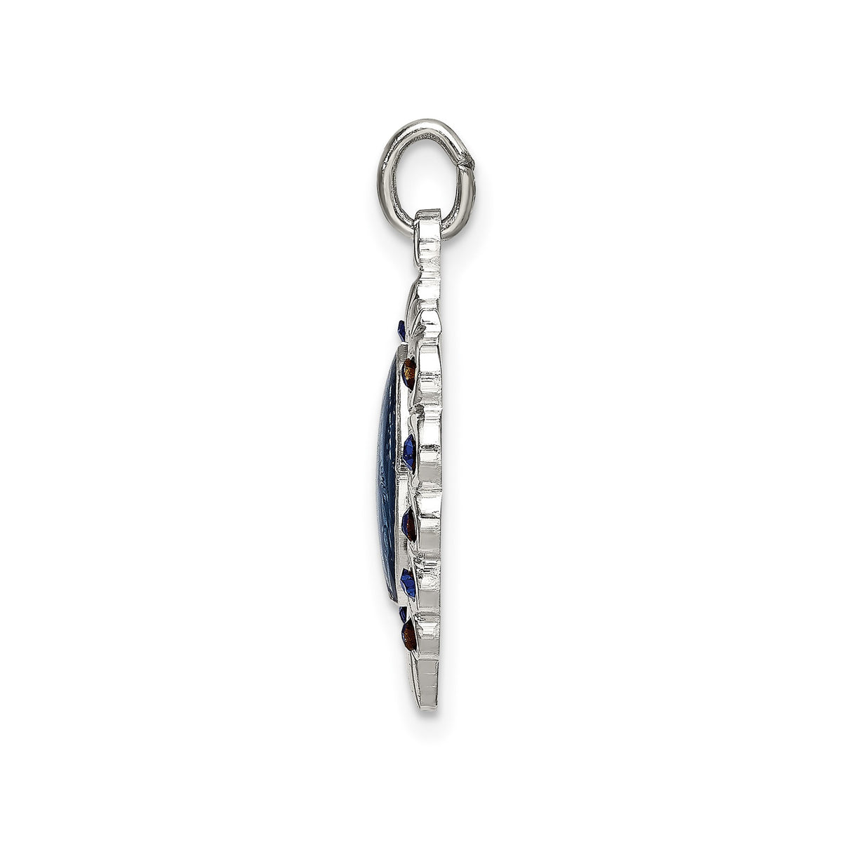 Sterling Silver Heart Virgin Mary Pendant with Blue Crystal Accents, Religious Medal for Women