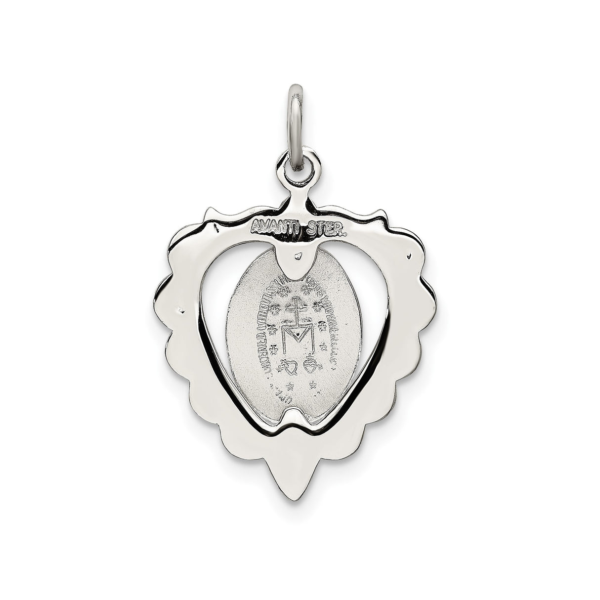 Sterling Silver Heart Virgin Mary Pendant with Blue Crystal Accents, Religious Medal for Women
