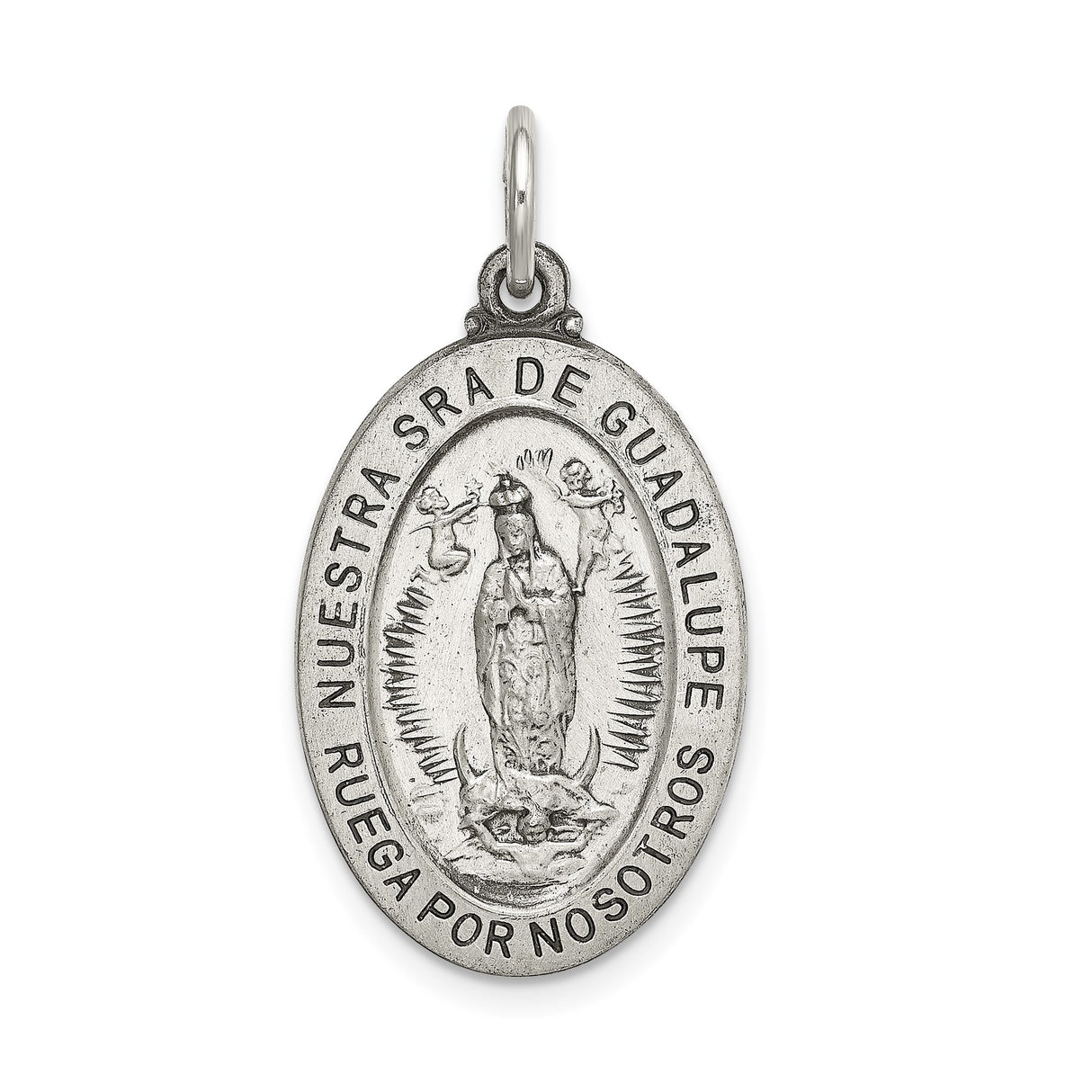 Sterling Silver Nuestra Señora de Guadalupe Pendant, Catholic Oval Medallion with Spanish Inscription