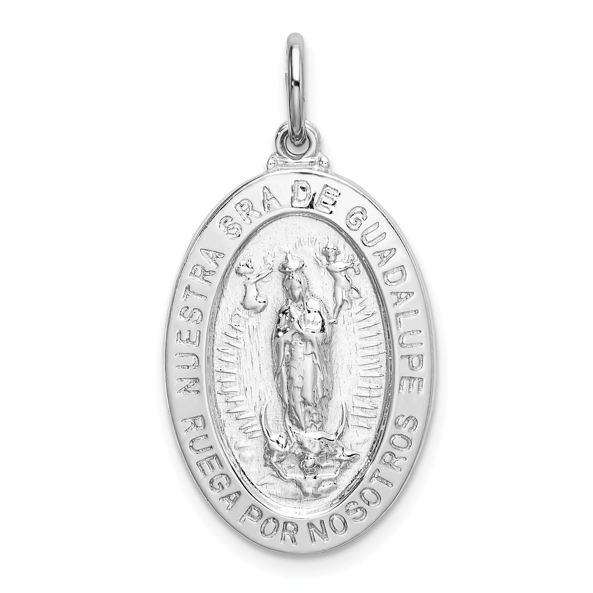 Sterling Silver Oval Pendant Featuring Our Lady of Guadalupe with Spanish Inscription