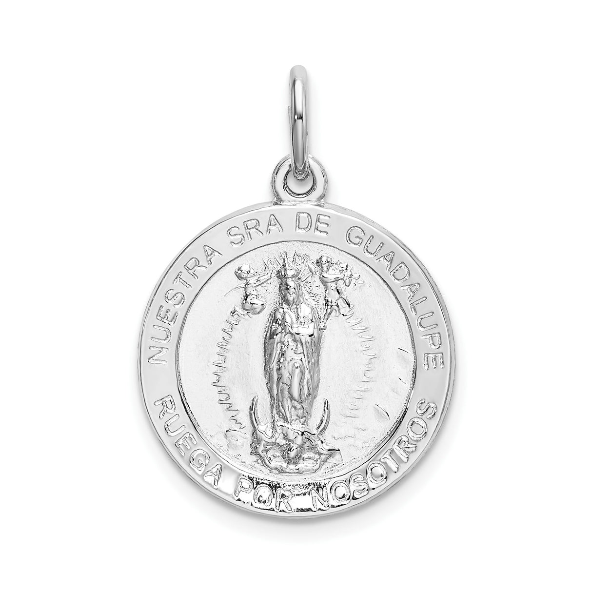 Sterling Silver Our Lady of Guadalupe Medal Pendant with Virgin Mary and Nuestra Sra Inscription