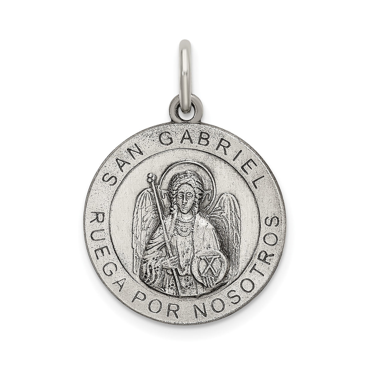 Sterling Silver St Gabriel Medal Pendant with Spanish San Gabriel Ruega Por Nosotros Inscription