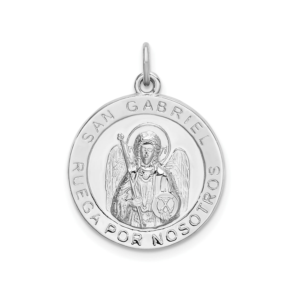 Sterling Silver San Gabriel Pendant, Religious Archangel Medal with Spanish Inscription