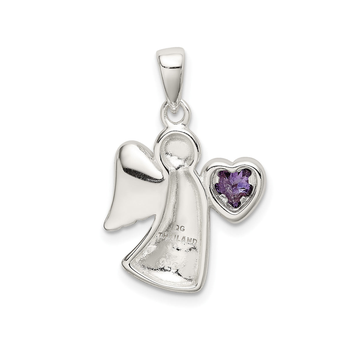 Sterling Silver Angel Pendant with Purple Heart Cubic Zirconia, Guardian Wings Religious Jewelry