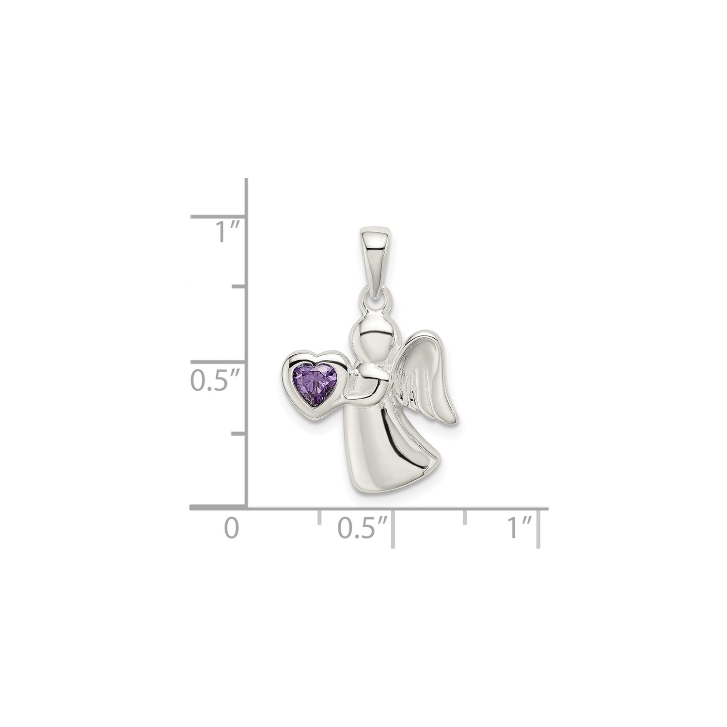 Sterling Silver Angel Pendant with Purple Heart Cubic Zirconia, Guardian Wings Religious Jewelry