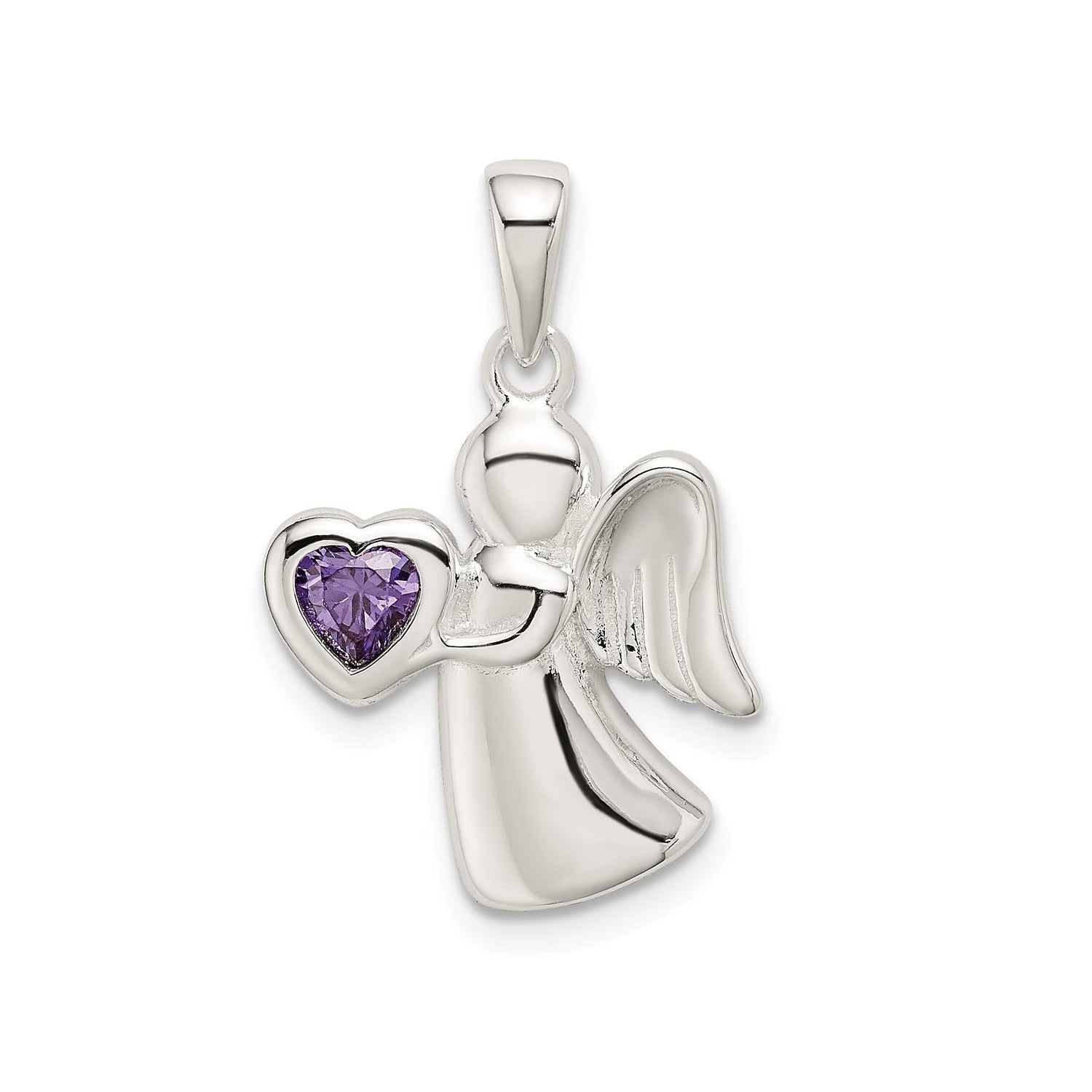 Sterling Silver Angel Pendant with Purple Heart Cubic Zirconia, Guardian Wings Religious Jewelry