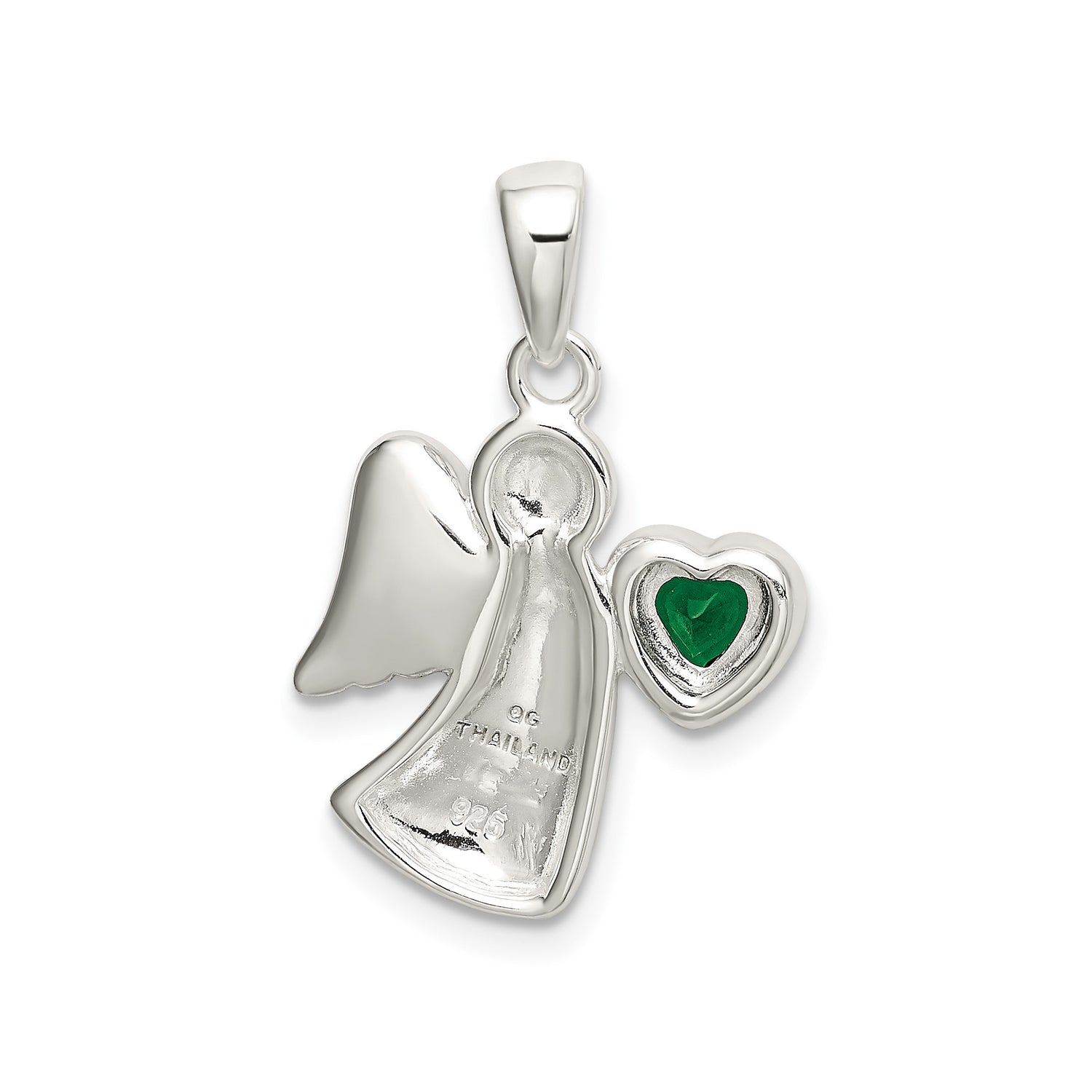 Sterling Silver Angel Pendant with Green Heart Cubic Zirconia, Guardian Charm for Women