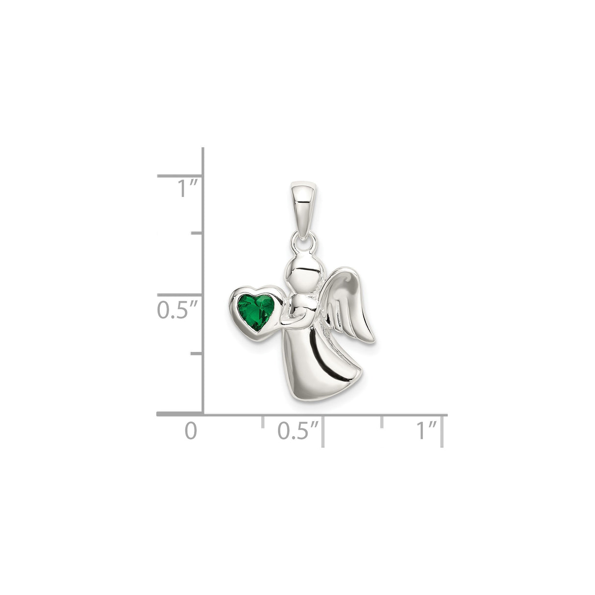 Sterling Silver Angel Pendant with Green Heart Cubic Zirconia, Guardian Charm for Women