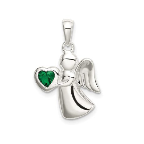 Sterling Silver Angel Pendant with Green Heart Cubic Zirconia, Guardian Charm for Women
