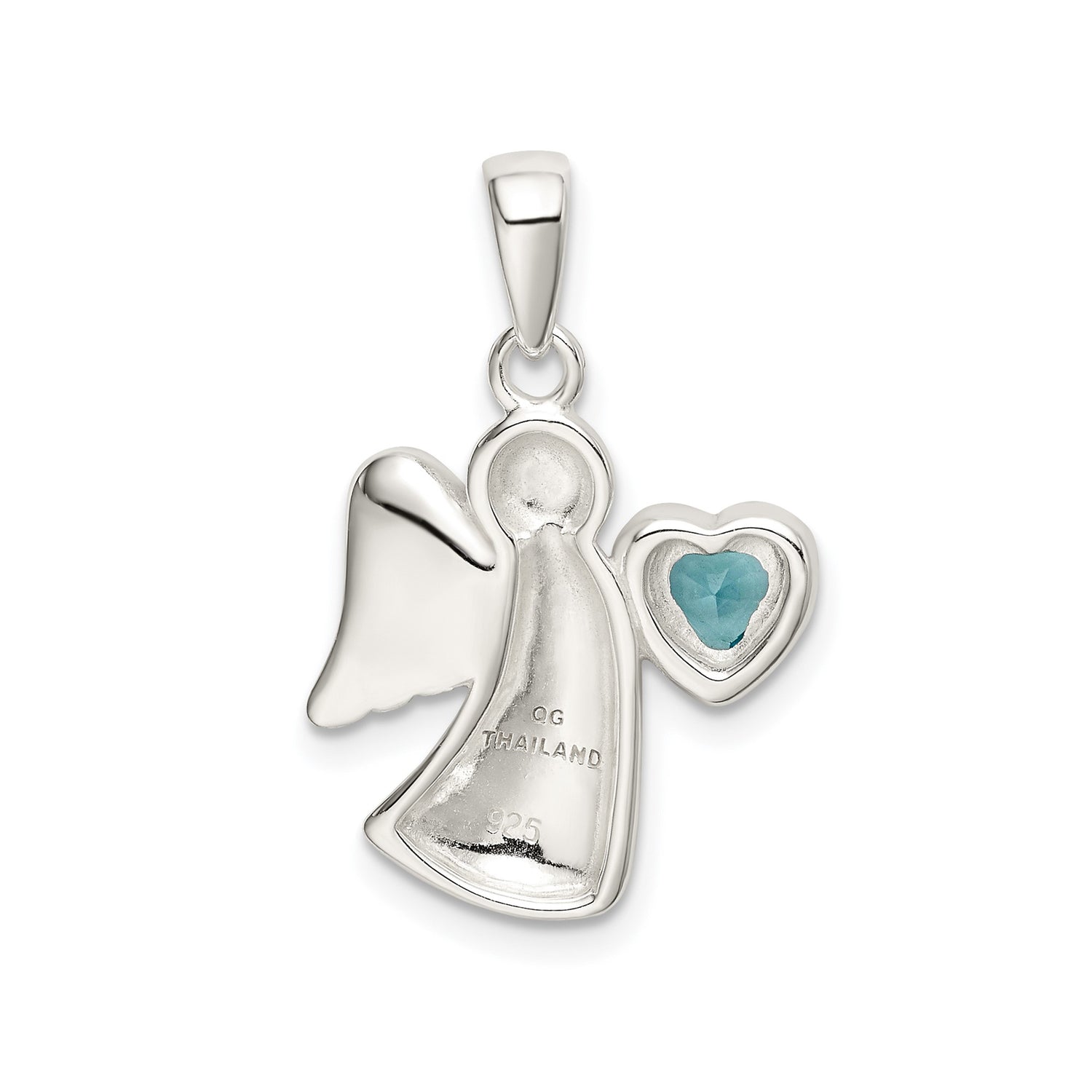 Sterling Silver Angel Pendant with Heart-Shaped Blue Cubic Zirconia, Wings and Faith Design for Women