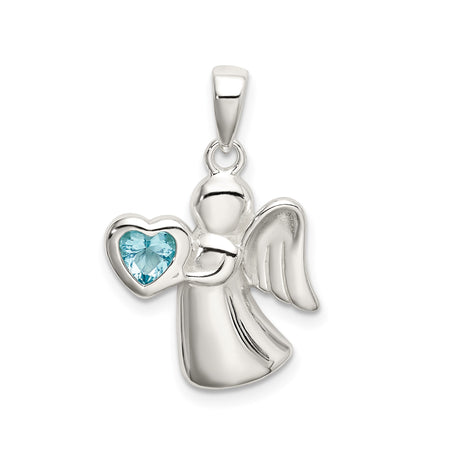Sterling Silver Angel Pendant with Heart-Shaped Blue Cubic Zirconia, Wings and Faith Design for Women