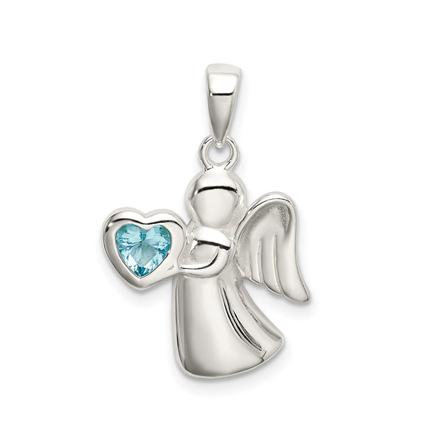 Sterling Silver Angel Pendant with Heart-Shaped Blue Cubic Zirconia, Wings and Faith Design for Women