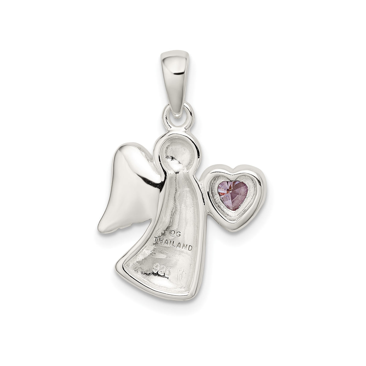 Sterling Silver Angel Pendant with Heart-Shaped Pink Cubic Zirconia, Spiritual Memorial Charm