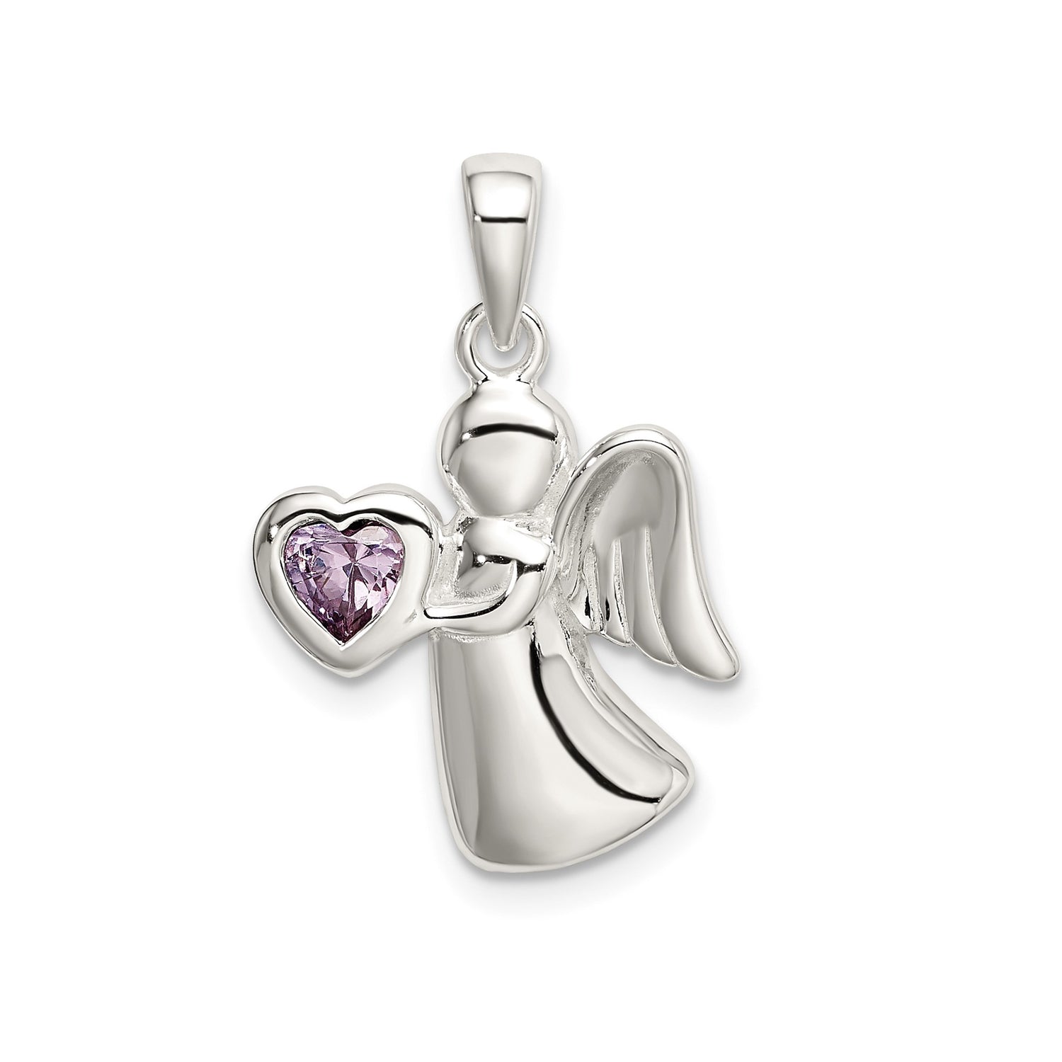 Sterling Silver Angel Pendant with Heart-Shaped Pink Cubic Zirconia, Spiritual Memorial Charm