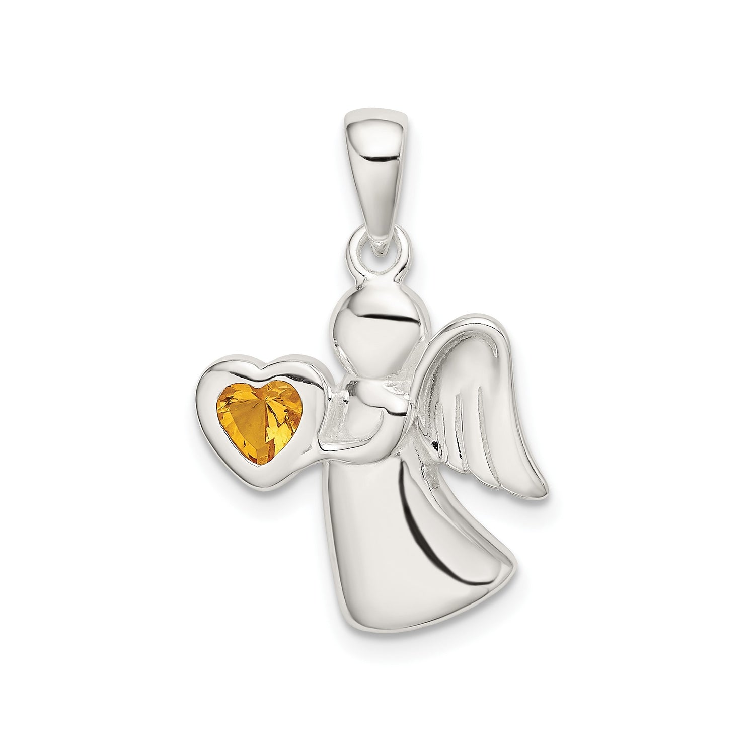 Sterling Silver Angel Pendant with Heart-Shaped Cubic Zirconia, Christian Faith Symbol for Women