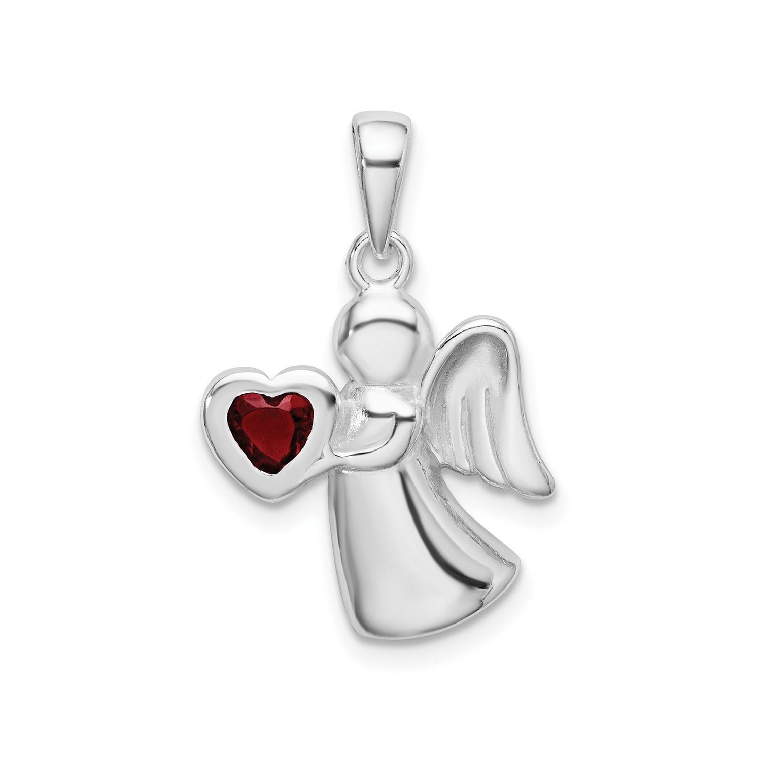 Sterling Silver Angel Pendant with Cubic Zirconia Red Heart, Christian Faith Symbol Jewelry