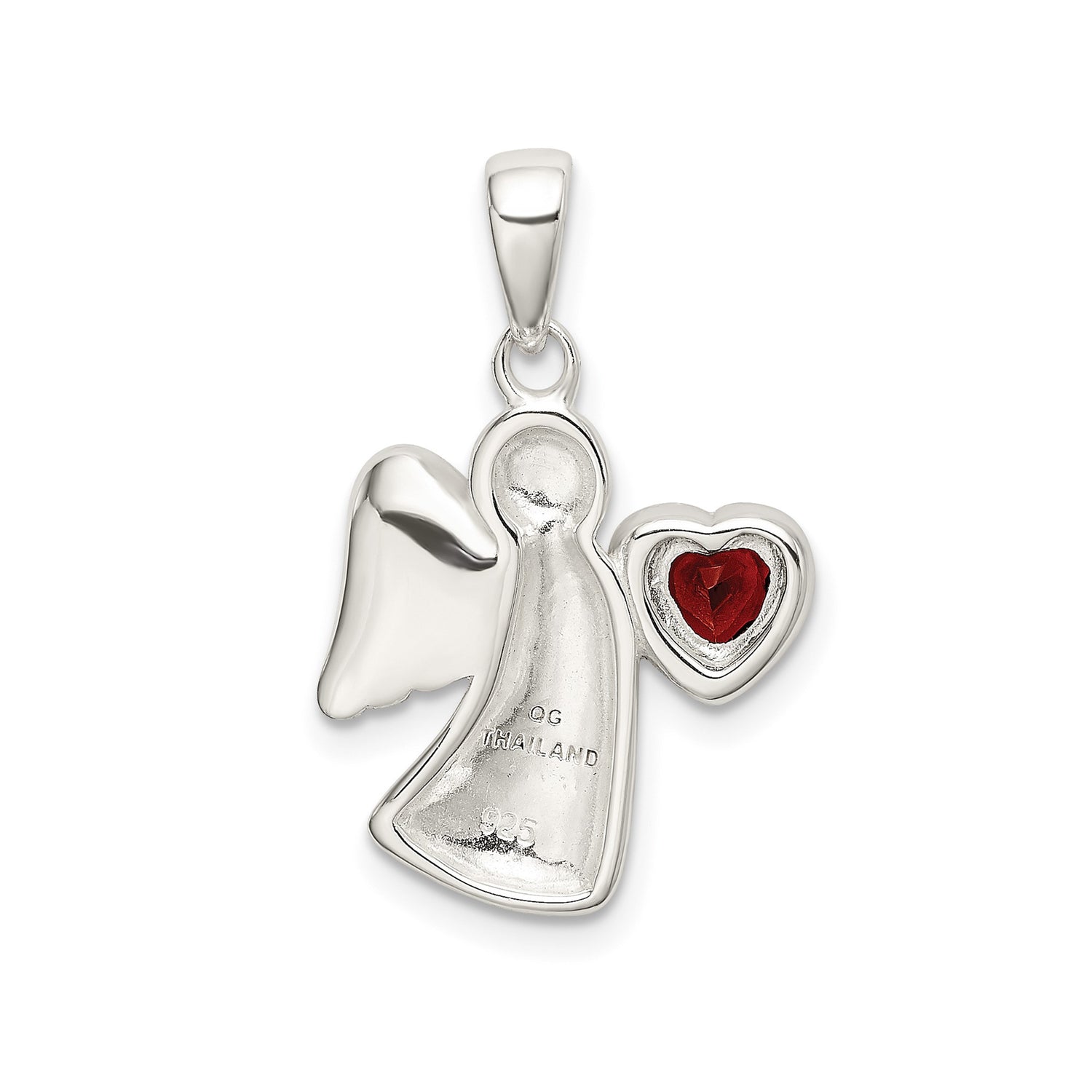 Sterling Silver Angel Pendant with Red Heart Cubic Zirconia, Christian Spiritual Jewelry