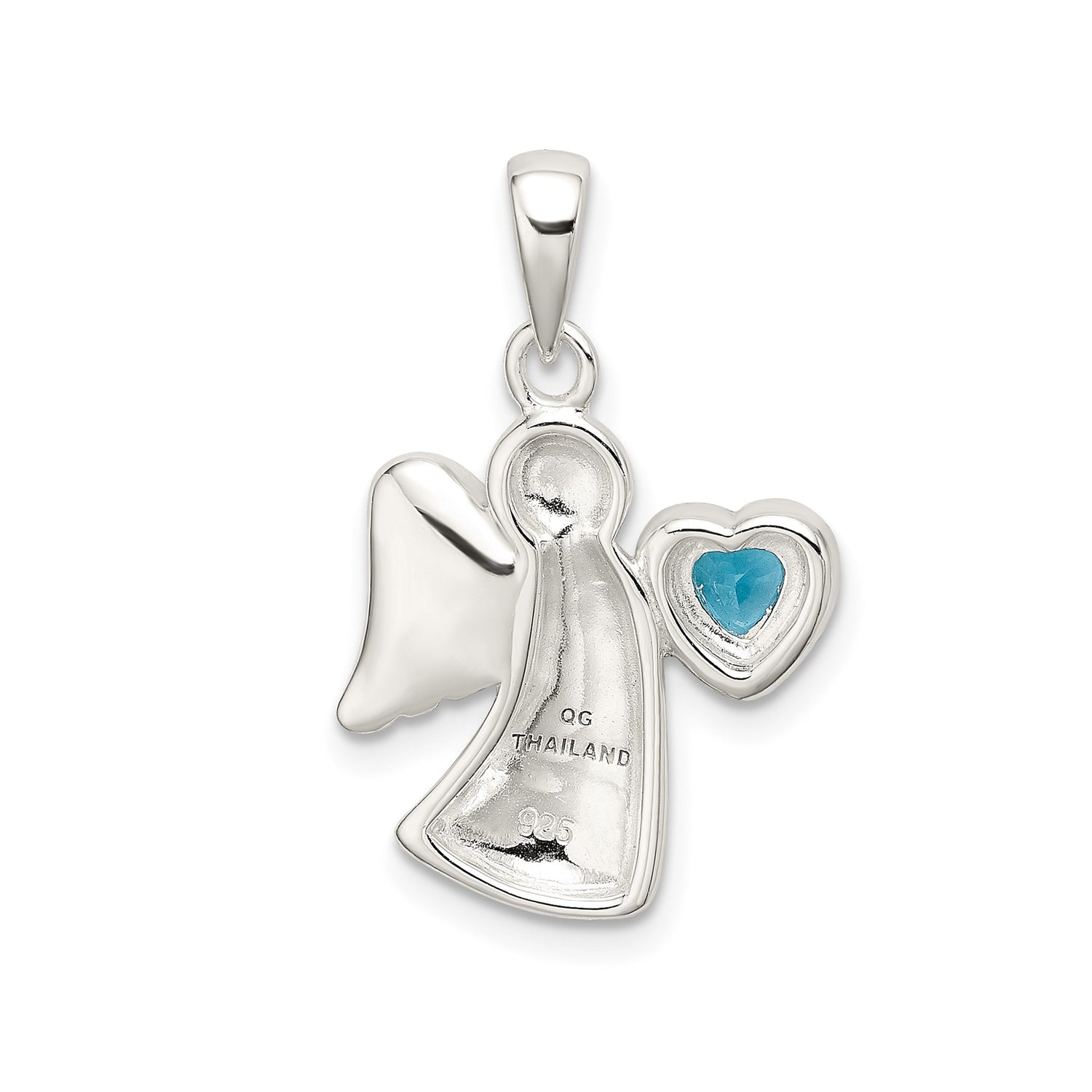Sterling Silver Angel Pendant with Cubic Zirconia Blue Heart, Guardian Design for Women