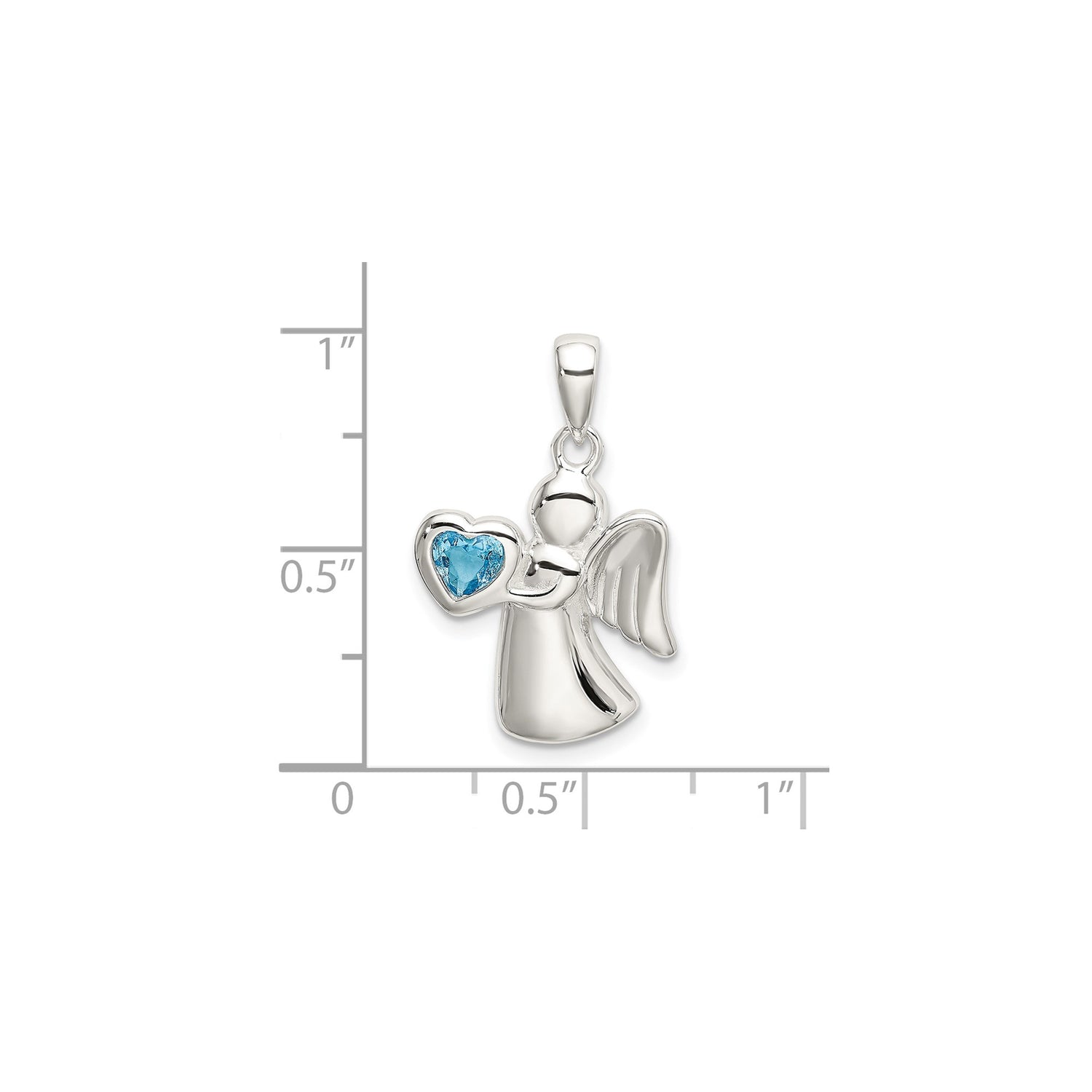 Sterling Silver Angel Pendant with Cubic Zirconia Blue Heart, Guardian Design for Women
