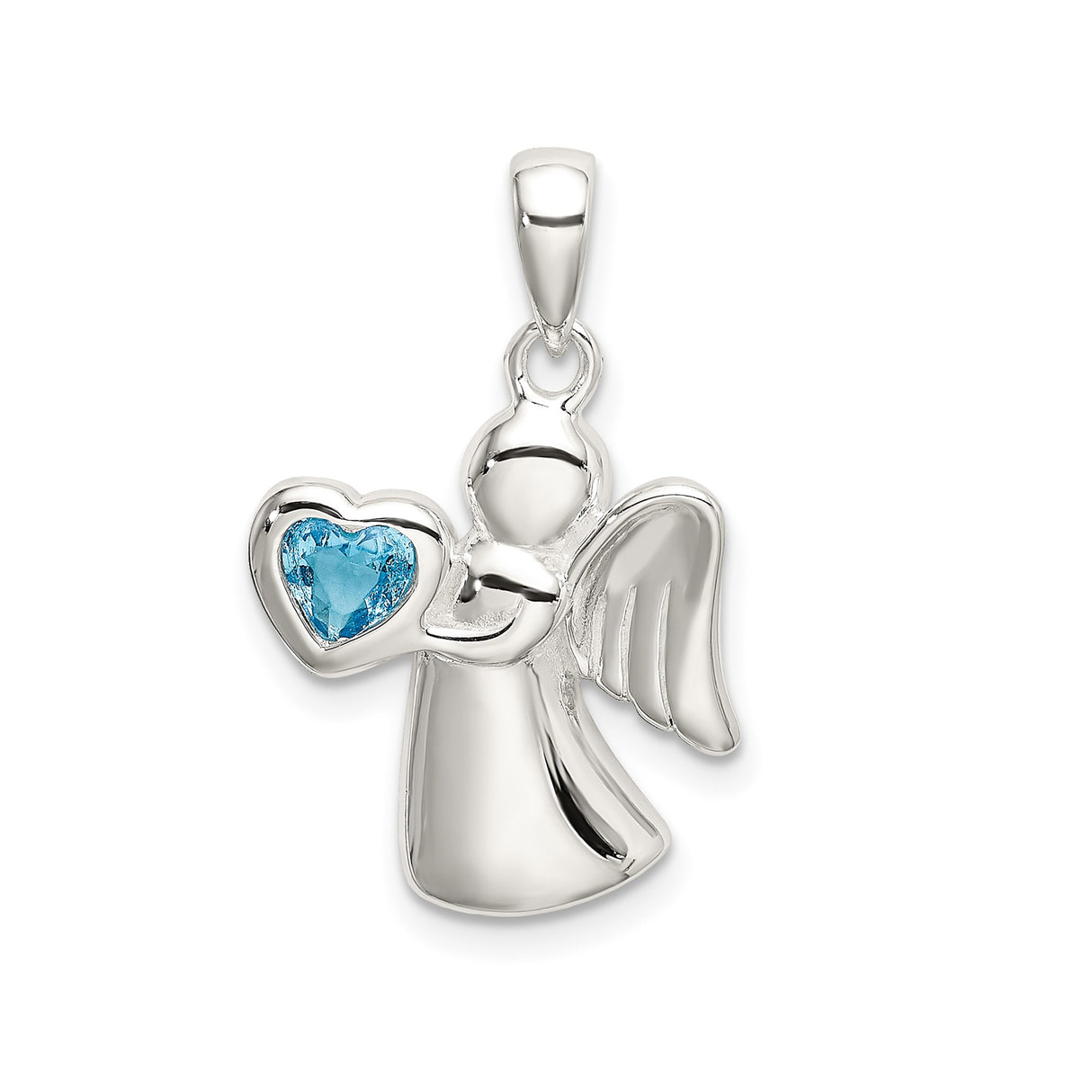 Sterling Silver Angel Pendant with Cubic Zirconia Blue Heart, Guardian Design for Women