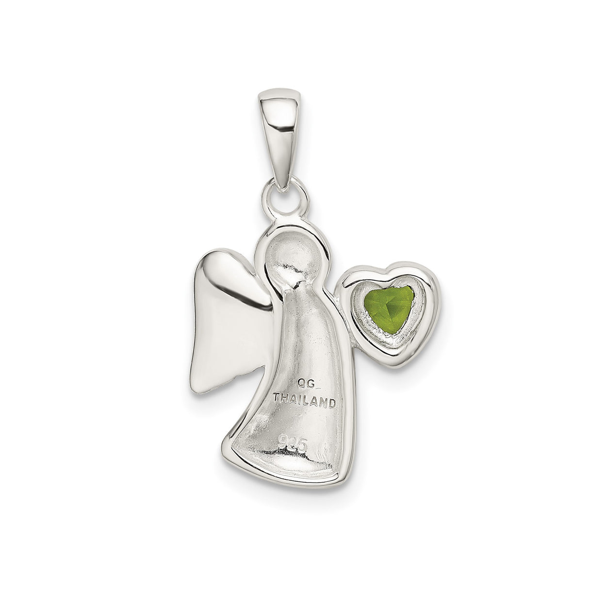 Sterling Silver Angel Pendant with Green Heart Cubic Zirconia, Guardian Symbol, Christian Jewelry