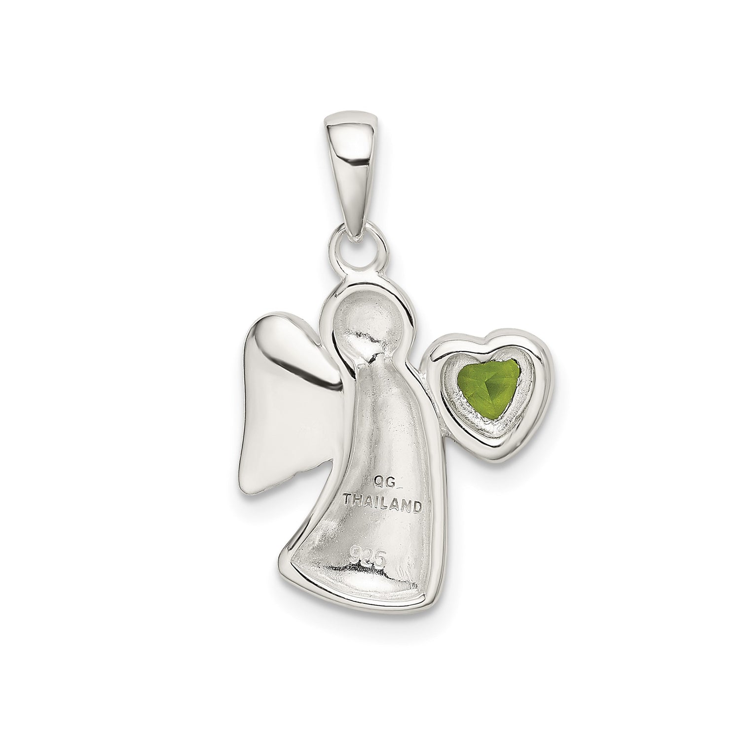 Sterling Silver Angel Pendant with Green Heart Cubic Zirconia, Guardian Symbol, Christian Jewelry