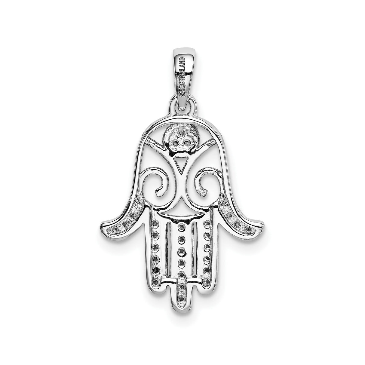 Sterling Silver Hamsa Hand Pendant with Cubic Zirconia, Intricate Scrollwork Design for Women