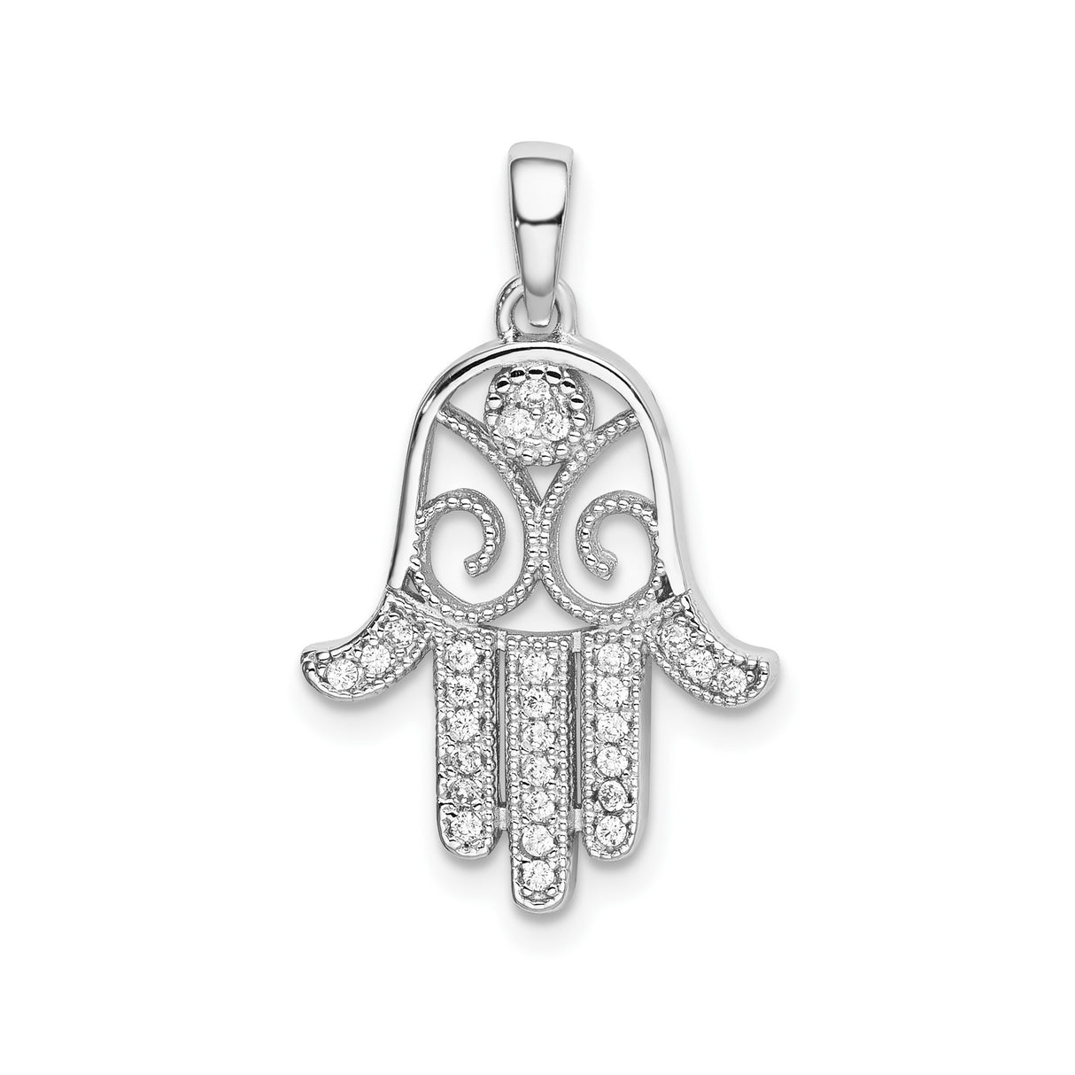 Sterling Silver Hamsa Hand Pendant with Cubic Zirconia, Intricate Scrollwork Design for Women