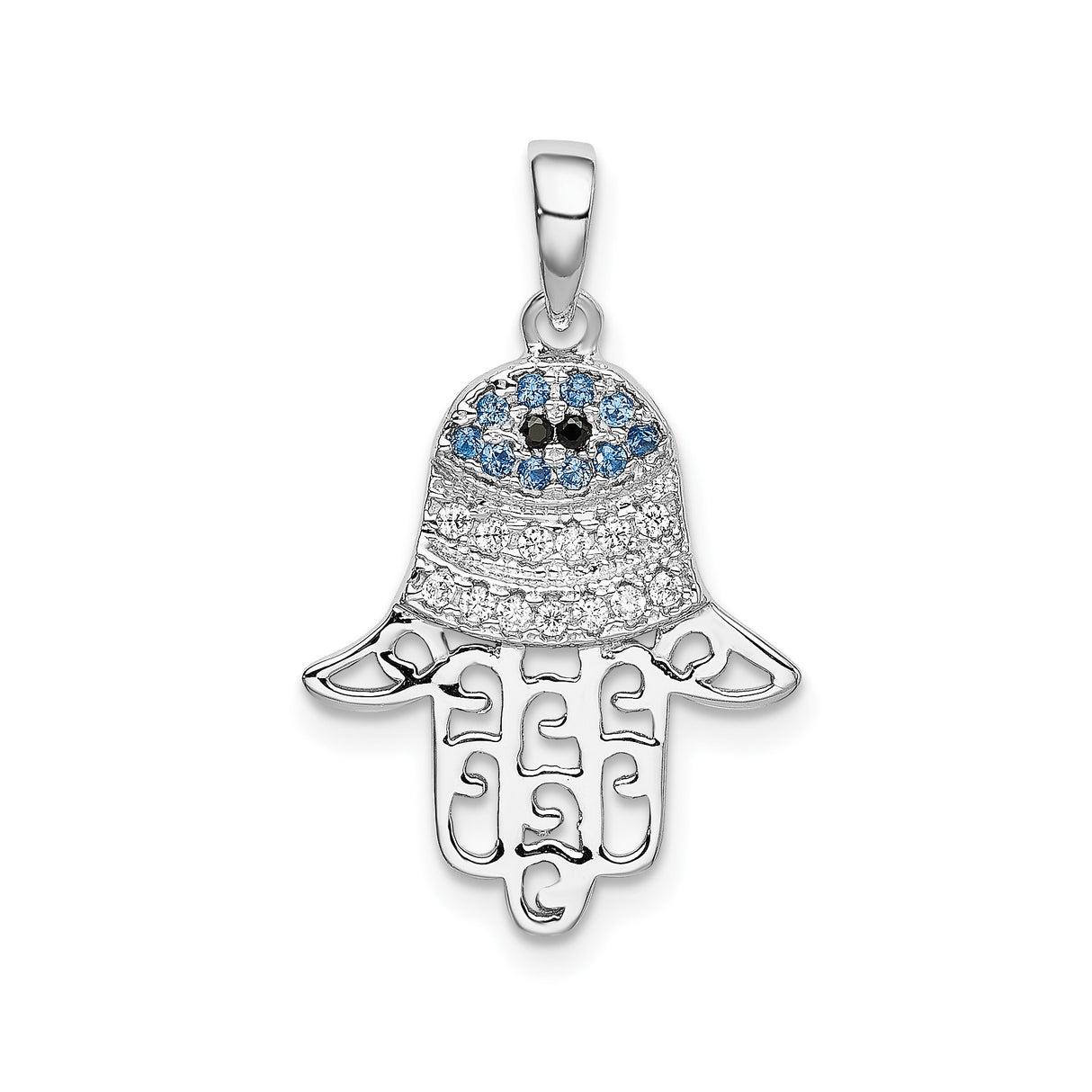 Sterling Silver Hamsa Hand Pendant with Cubic Zirconia and Evil Eye Design