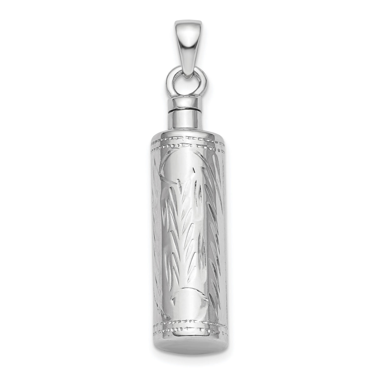 Sterling Silver Cylinder Pendant with Leaf Engraving, Scroll Message Holder Memorial Charm