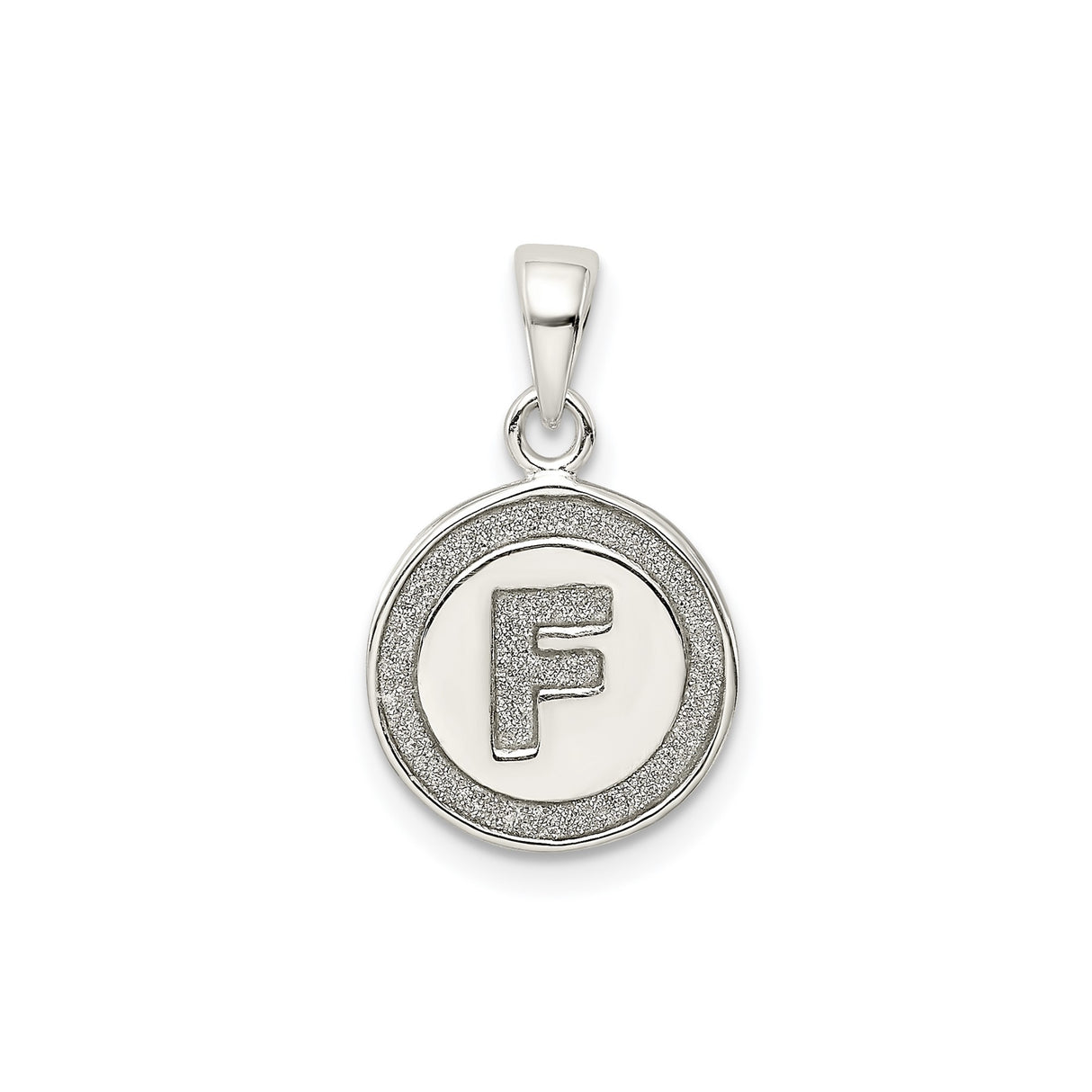 Sterling Silver Initial Pendant with Raised Letter F in Textured Circle Frame
