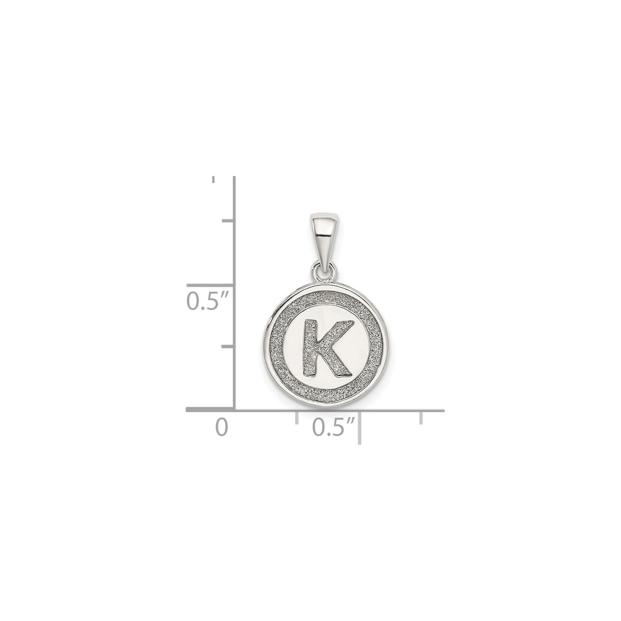 Sterling Silver Round Pendant with Raised Letter K and Textured Glitter Border