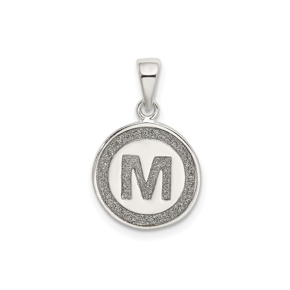 Sterling Silver Round Initial Pendant with Textured Border, Letter M Charm