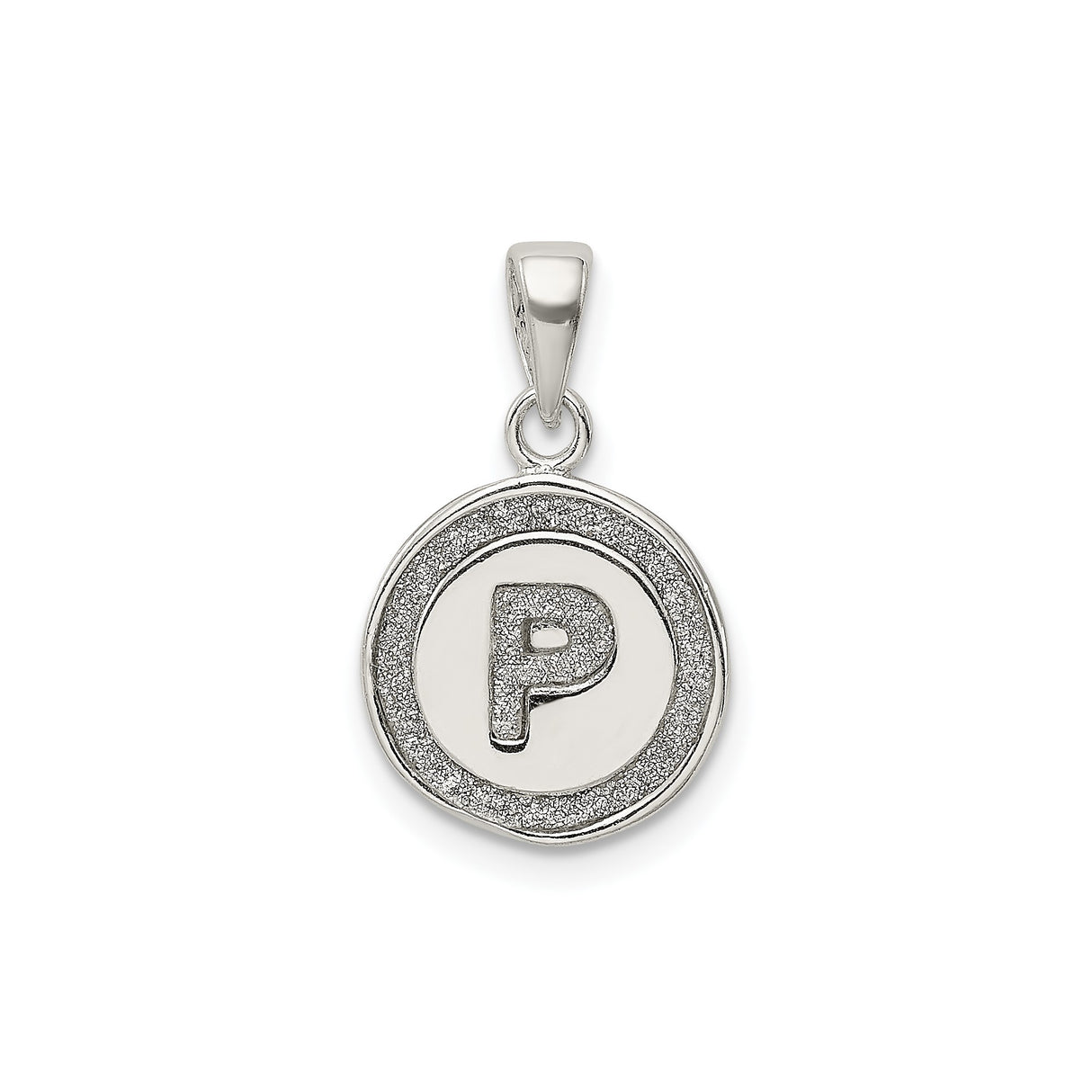 Sterling Silver Initial Pendant with Letter P, Round Textured Border Design, Unisex Charm