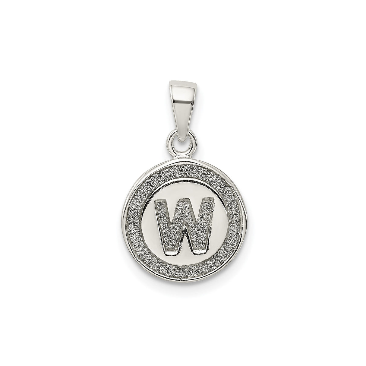 Sterling Silver W Initial Pendant, Textured Round Letter Charm with Polished Finish