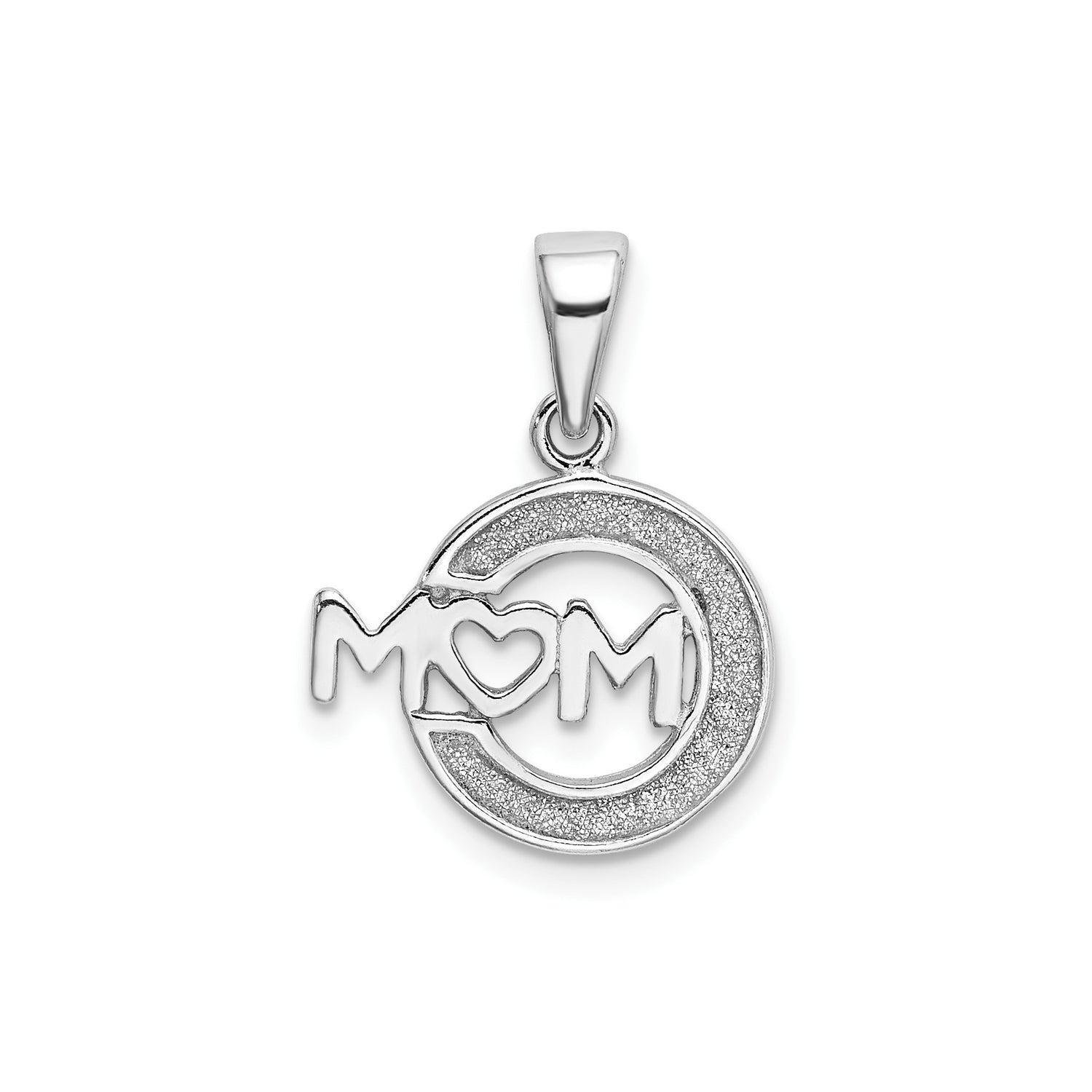 Sterling Silver Mom Pendant with Textured Circle and Heart-Shaped O Design
