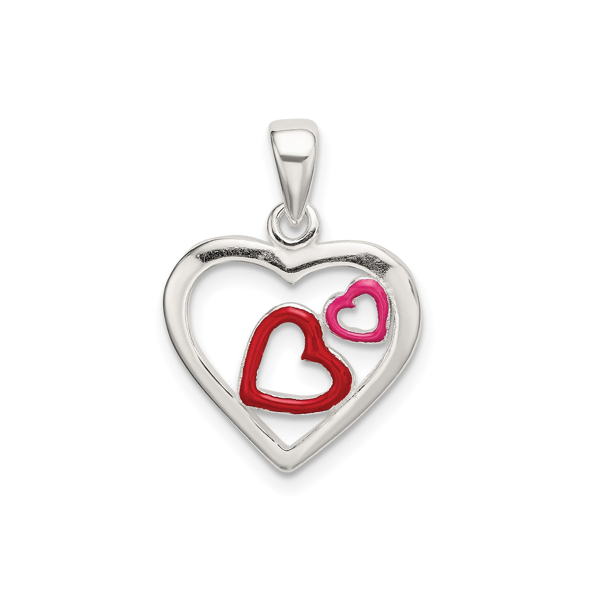 Sterling Silver Heart Pendant with Red and Pink Enamel Double Hearts, Romantic Jewelry for Women