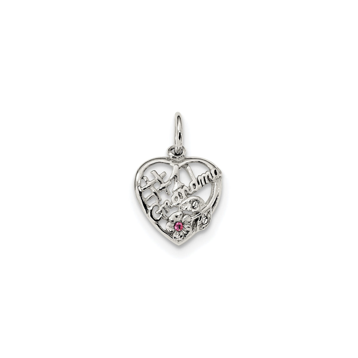 Sterling Silver Heart Pendant with Pink Cubic Zirconia, Grandma Floral Charm Keepsake Jewelry