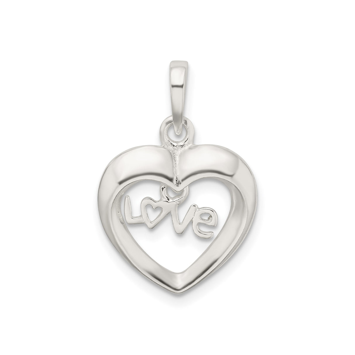 Sterling Silver Heart Pendant with Love Inscription and Small Heart Accent