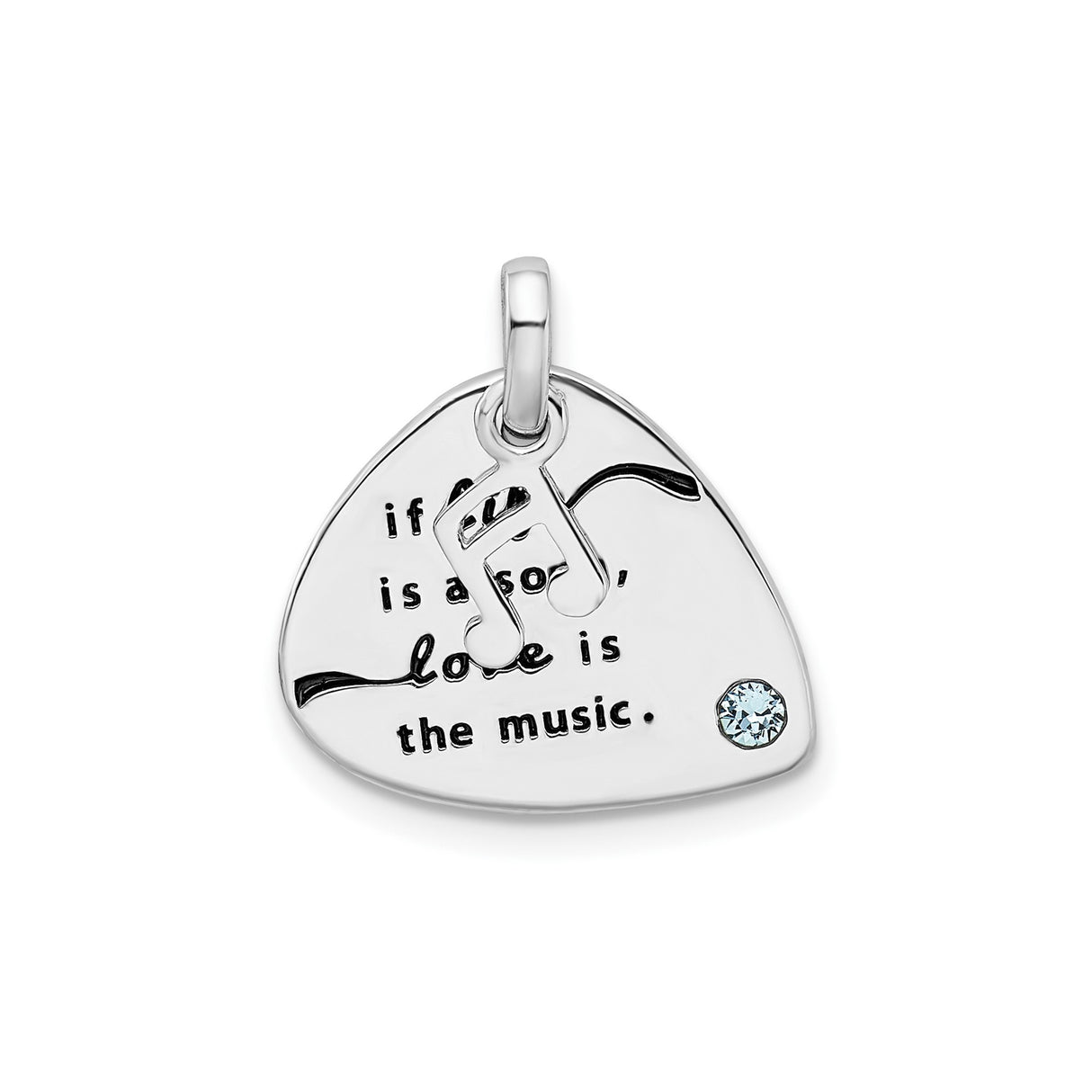 Sterling Silver Guitar Pick Pendant with Musical Note, Music Quote, and Crystal Accent