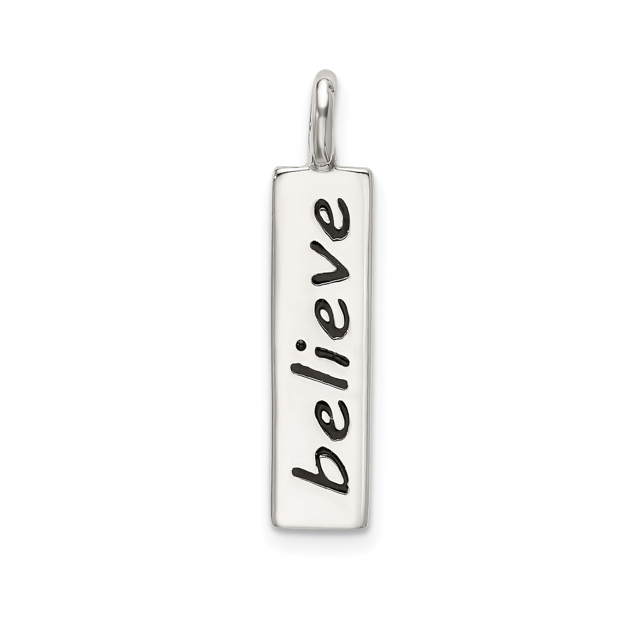 Sterling Silver Vertical Bar Pendant with Believe Message, Minimalist Inspirational Jewelry