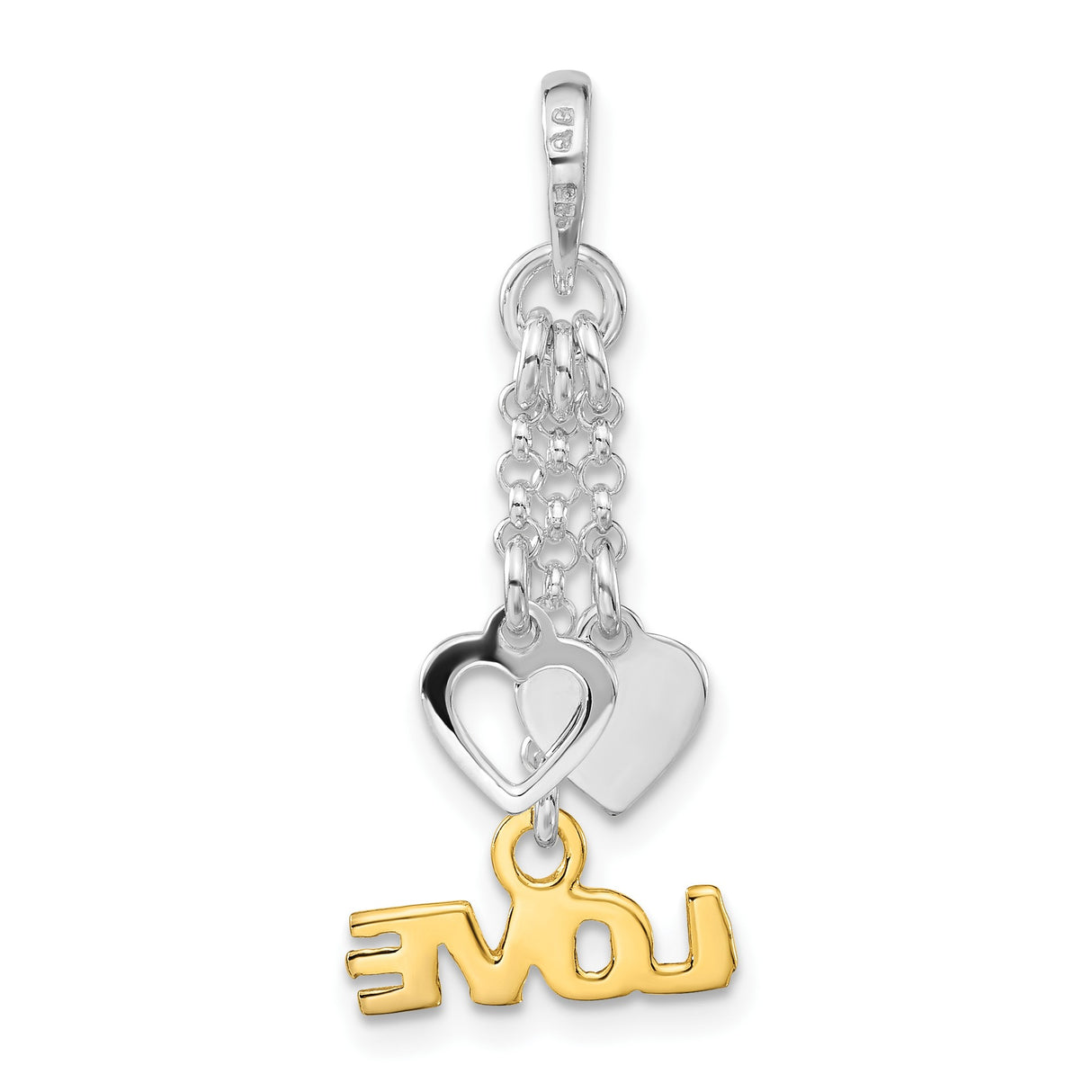Sterling Silver Dangle Pendant with Double Heart Charms and Gold-Plated LOVE Inscription