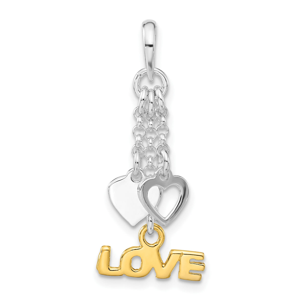 Sterling Silver Dangle Pendant with Double Heart Charms and Gold-Plated LOVE Inscription